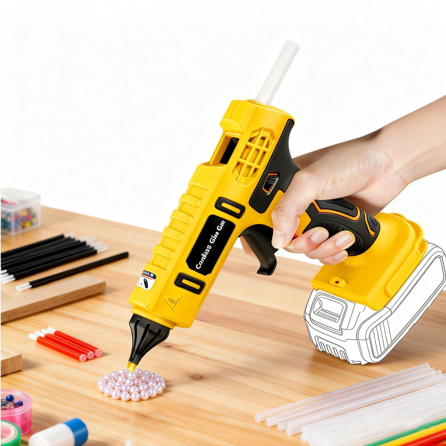 Hot Melt Glue Gun Cordless - DeWalt 20Vバッテリー対応の100Wコードレスホットグルーガン（バッテリー別売）＆12本の11mmシリコングルースティック。急速加熱、フルサイズ、ワイヤレス。