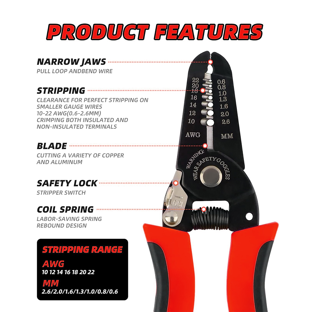 Automatic Wire Stripper Cutter - ワイヤーカッター、ワイヤーストリッパークリンパー、ワイヤーストリッピングツール、ケーブルストリッパー、配線工具、ワイヤークリンピングツール、セーフティロック、コイルスプリング