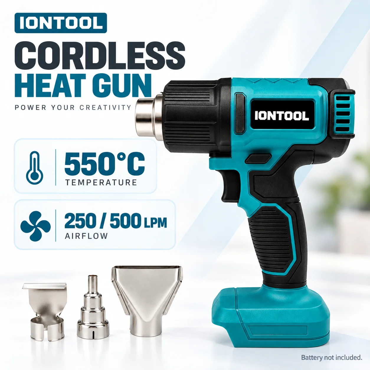 Cordless Heat Gun For Shrink Tubing - IONTOOL 550 ℃ スマートフォン修理、ステッカーの剥がし、熱収縮チューブの使用に最適な、コンパクトで耐久性に優れた、2段階の風量調整が可能なコードレスヒートガン。