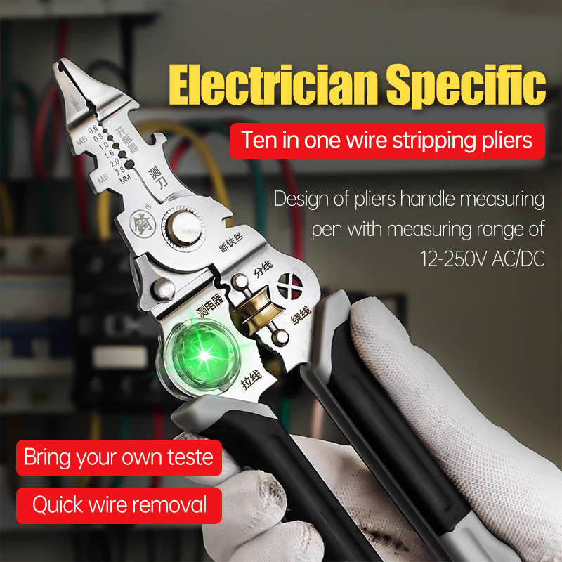 Automatic Wire Stripper Cutter - 電気テストペン付き多機能ワイヤーストリッパー折りたたみ式ケーブルカッタークリンパツール切断用電気折りたたみプライヤー