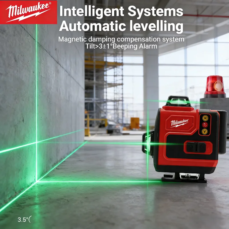 Laser Level 16 Lines 4D Green - 本物のミルウォーキー製4D 16ラインレーザー。高精度、グリーンライン、携帯型、360度水平・垂直測定対応。標準バッテリーと充電器付属。