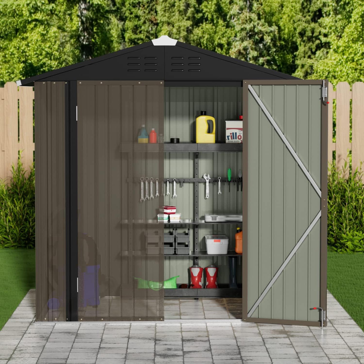 Garden Tools - 金属製の屋外収納小屋、6フィート×4フィート、耐候性、裏庭や庭での使用に最適、カスタマイズ可能。