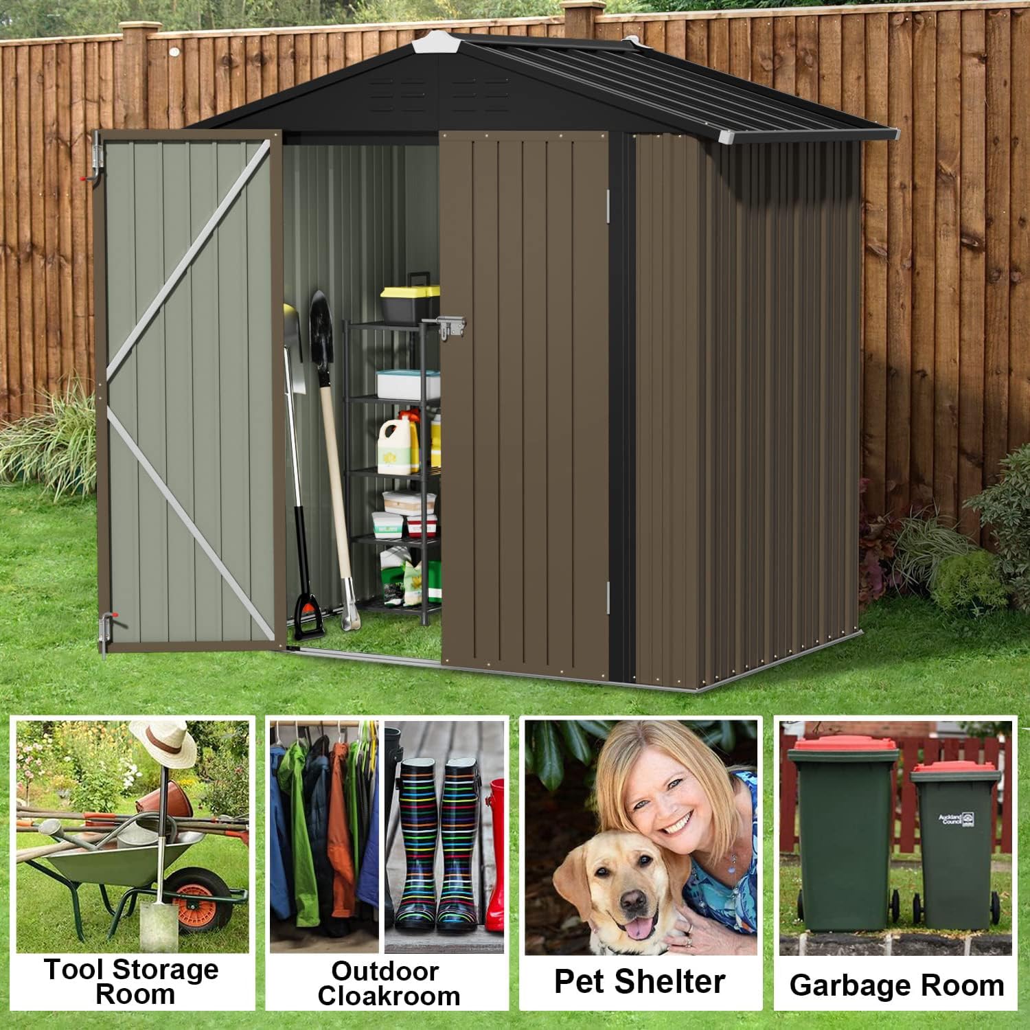 金属製の屋外収納小屋、6フィート×4フィート、耐候性、裏庭や - Garden Tools のレビューと価格
